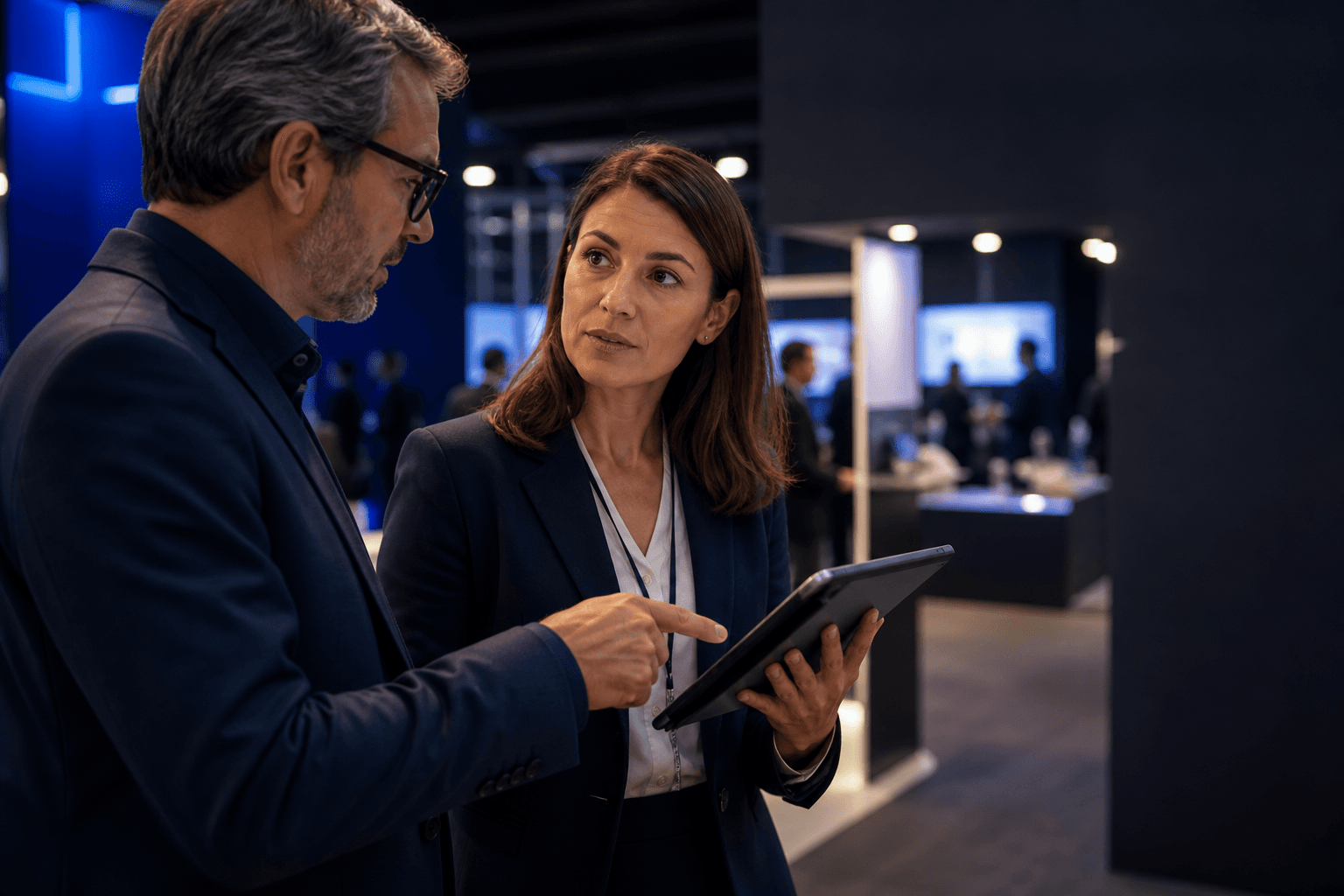 Business professionals reviewing event information together on a tablet